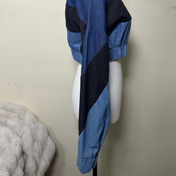 Stylish Blue and Black Women's Cropped Jacket faux denim - Picture 3 of 8